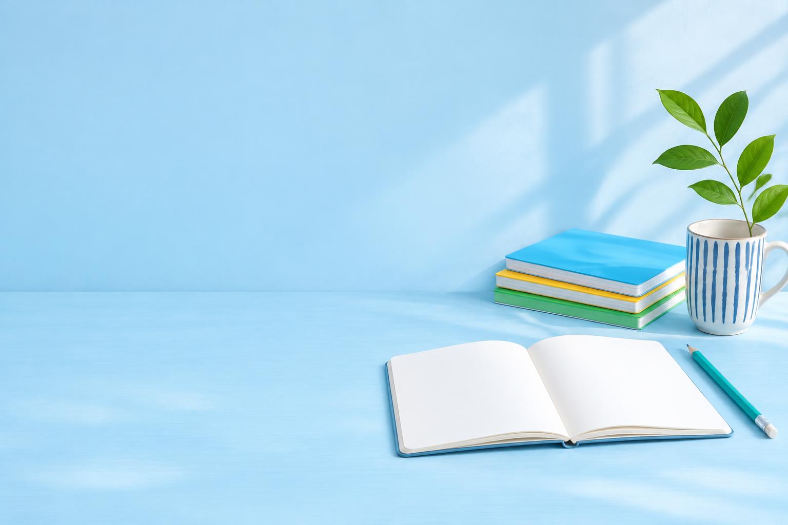 Cuaderno abierto, lápiz y libros sobre una mesa celeste